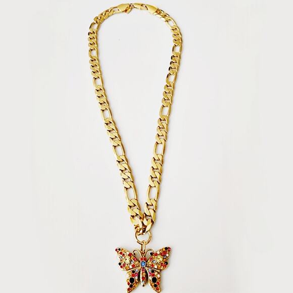 Repurposed Designer Multi-Gemstone Butterfly Pendant on Chunky Figaro Chain - Picture 2 of 4